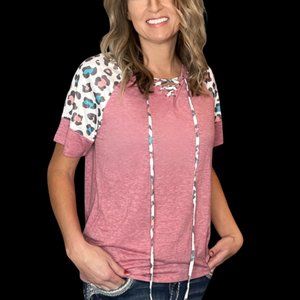 Pink Lace Up Leopard Sleeved Top